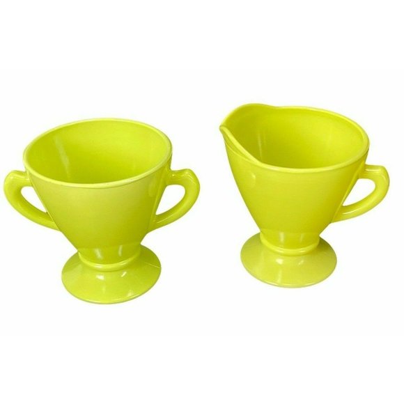 Vintage Hazel Atlas Ovidue Platonite Yellow Green Creamer Sugar Set c1950s - Picture 7 of 11